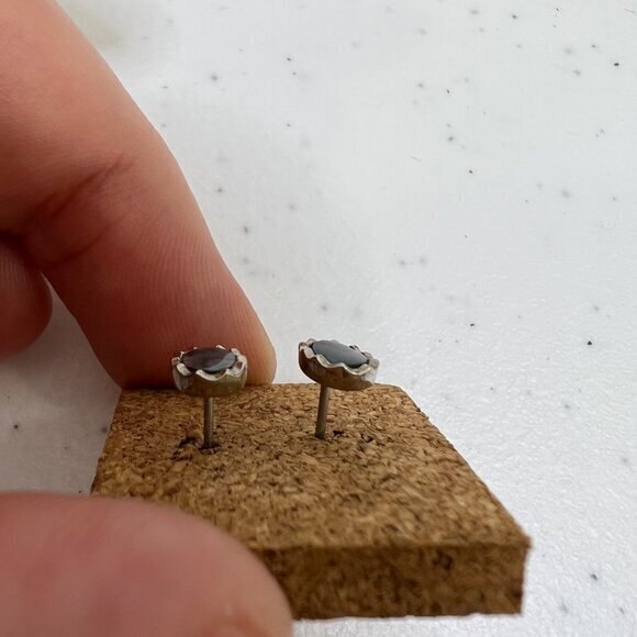 Blue Abalone Look Earrings Oval Small Stud Silver Tone‎ Textured Tiny Dainty Oil - Picture 2 of 7